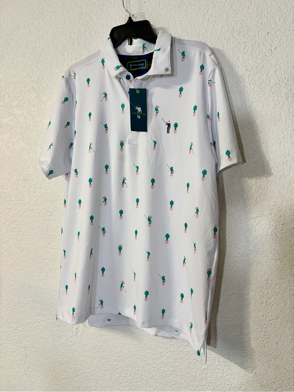 William Murray NWT Golf White Polo Free Hugs Cactus Print